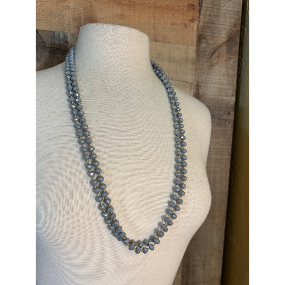 Smoky Blue Gray Faceted Glass Bead Long Opera Strand Necklace 60 Inch